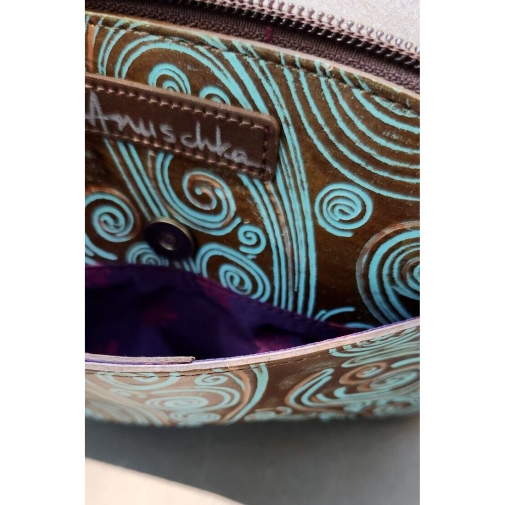Anuschka Twin Top Wallet Wrislet Organizer Makeup Bag Tooled Waves Small Purse - Picture 12 of 16
